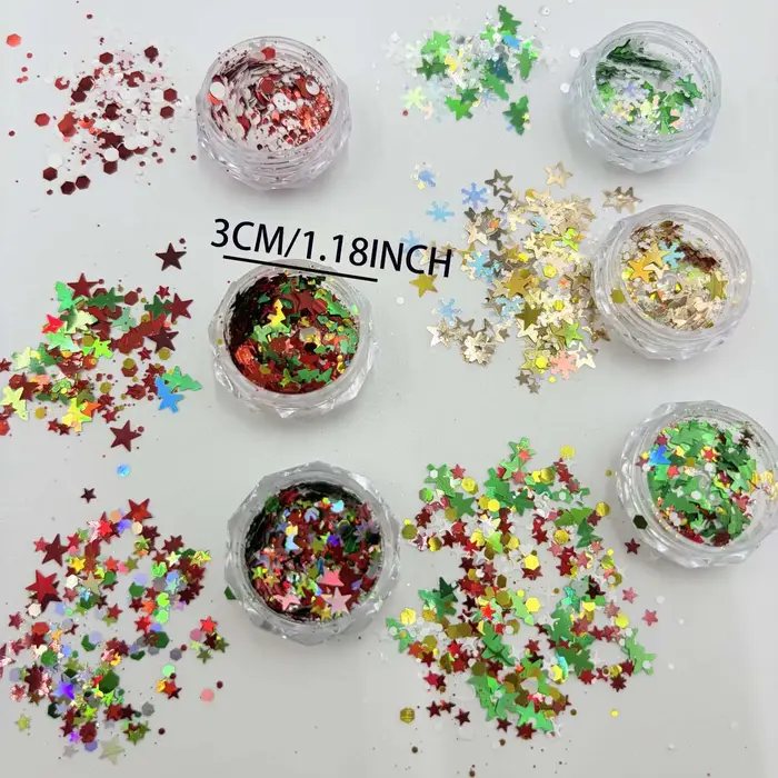 Décorations de Noël pour ongles : paillettes scintillantes, breloques, flocons de neige, étoiles, arbres, confettis, paillettes holographiques, flocons pour décoration d'ongles de Noël.