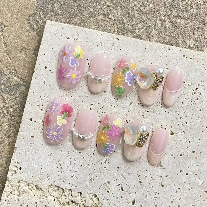 10 pièces court fait à la main rose presse sur les ongles printemps français strass couverture compl
