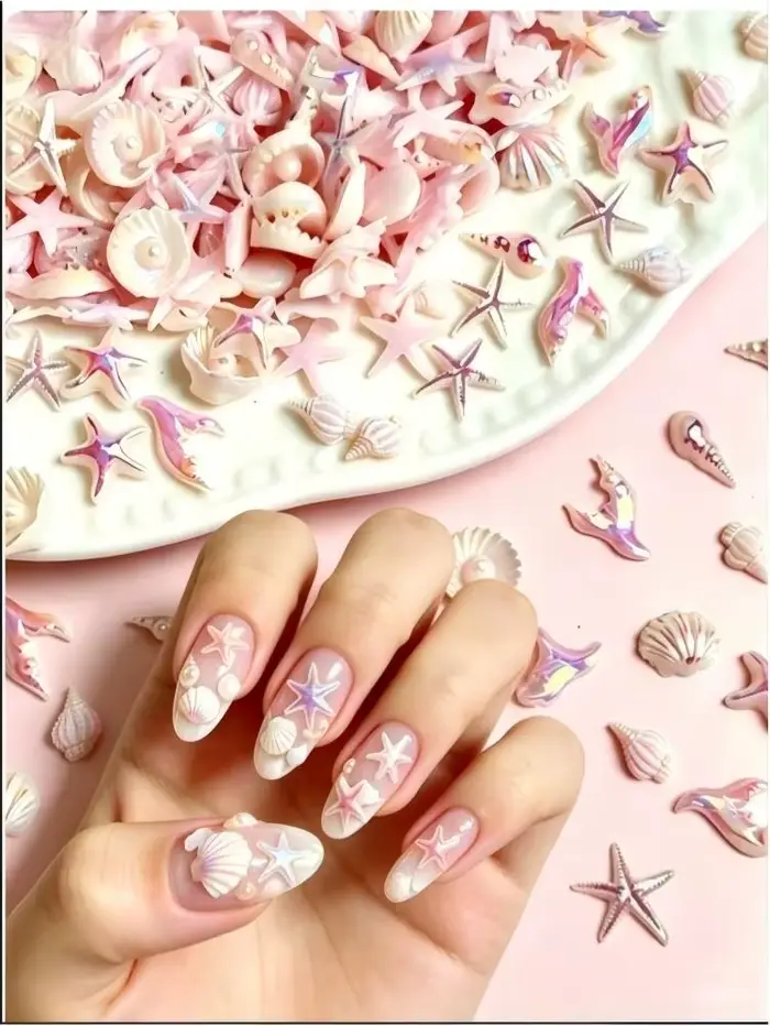 Décorations d'ongles sirène mixtes 3D, 30 pièces – Breloques étoile de mer, coquillage, dauphin, aur