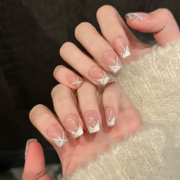 Faux ongles à presser faits à la main, N64.03, N64.Short French White Cat Eye Fake, Wearable, Sweet
