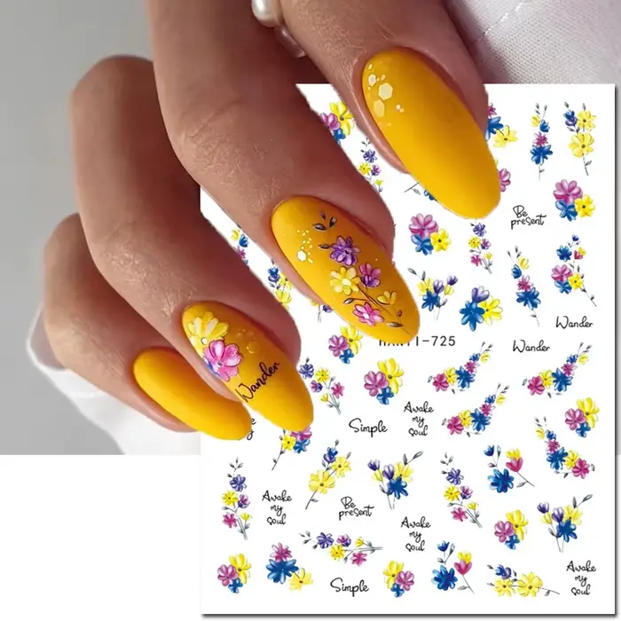 3d Nail Art décalcomanies été demande fleurs jaune bleu rose