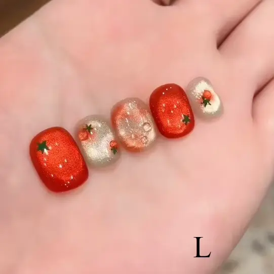 2025 femme Festive rouge ovale court press-on ongles mignon tomate Design, finition brillante Nail A