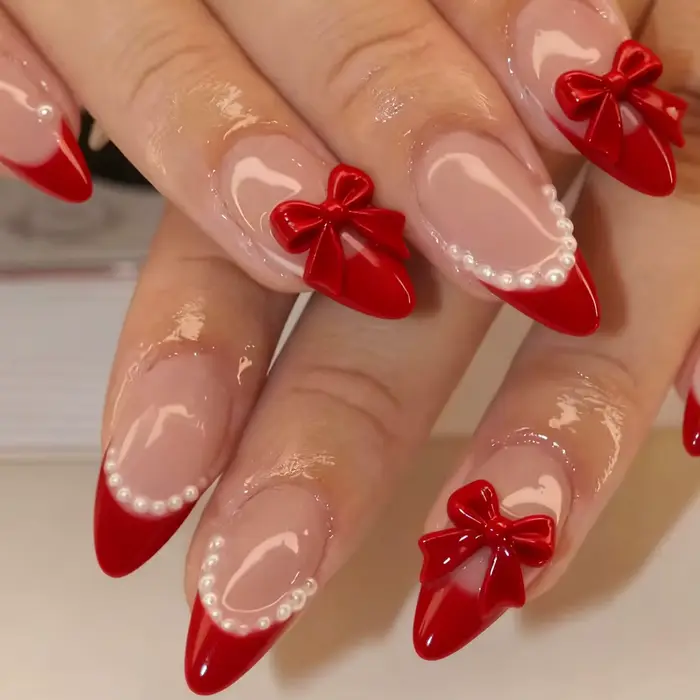 Faux ongles français en amande, 24 pièces, avec nœud rouge et Design de perles blanches, faux ongles