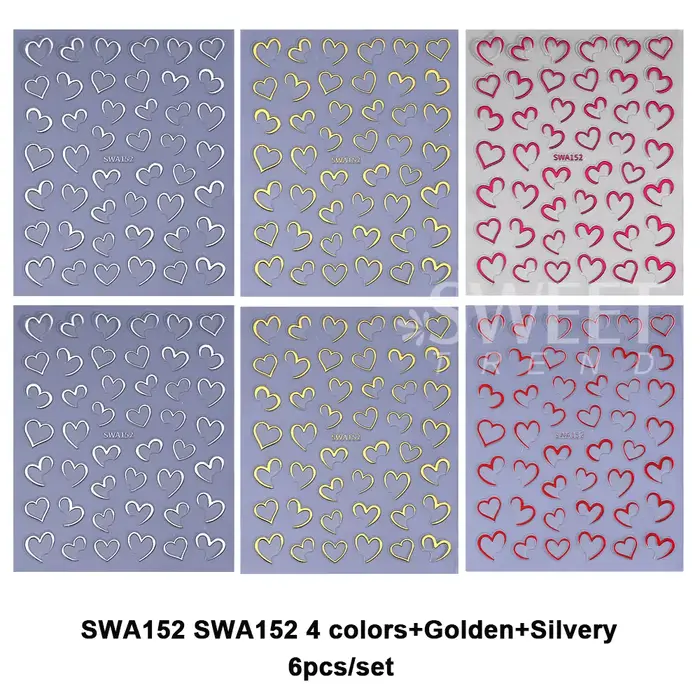 Autocollants pour ongles 3D pour la saint-valentin, lignes or/argent/rouge, cœur d'amour, décalcoman