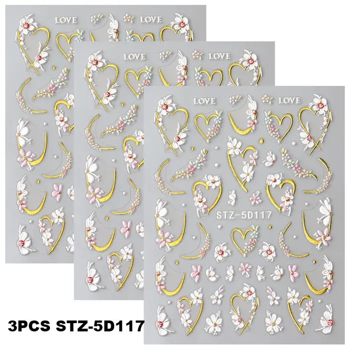 5D en relief Kawaii Floral or ligne curseurs printemps fleurs blanches ongles autocollants bricolage Simple pétales ongl