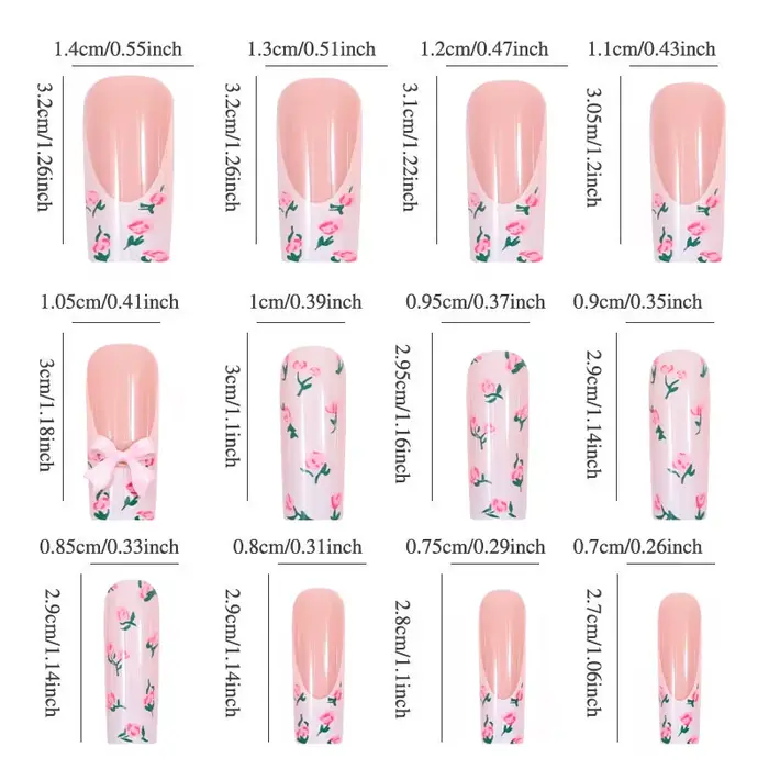 Faux ongles tubulaires longs avec nœuds cercueil rose fleur à pression pointe française portables couverture complète