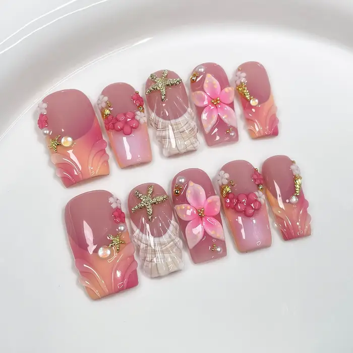 10 pièces rêveur océan presse sur ongles 3D fleur perle étoile de mer Nail Art dégradé français faux