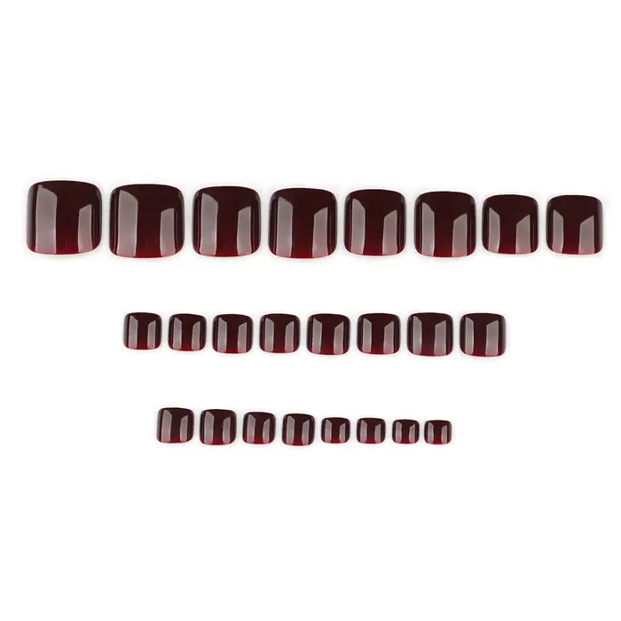 24 faux ongles de pied couleur rouge bordeaux
