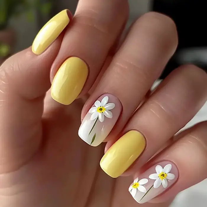 Pièces d'art d'ongle minimalistes en forme de fleur jaune, carré moyen à long, style frais et frais 