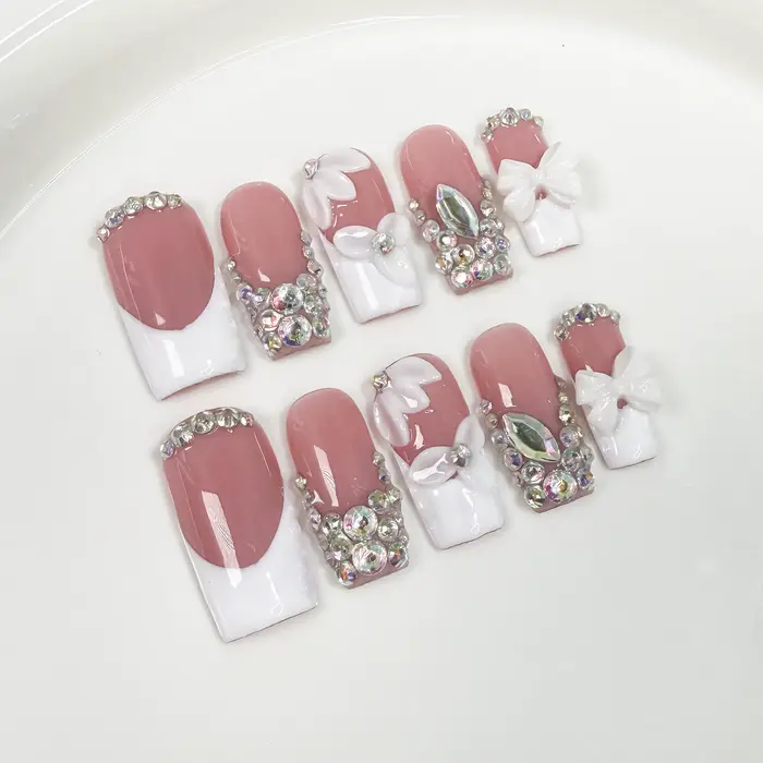 10 pièces de luxe or presse sur ongles 3D fleur faux ongles perle manucure française à la main faux 