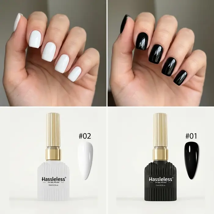Lot de 2 vernis à ongles gel noir et blanc 15 ml, semi-permanents, à retirer par trempage, UV LED, outils de manucure, design DIY, laque à ongles