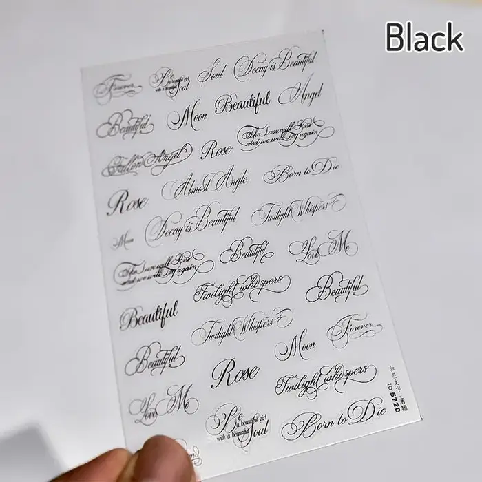 Autocollants pour ongles en lettres anglaises noirs et blancs, autocollants décoratifs pour ongles, autocollants pour ongles français, autocollants pour manucure DIY