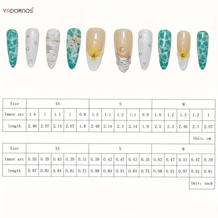10 pièces presse à la main sur les ongles motif d'ondulation d'eau étoile de mer amande faux