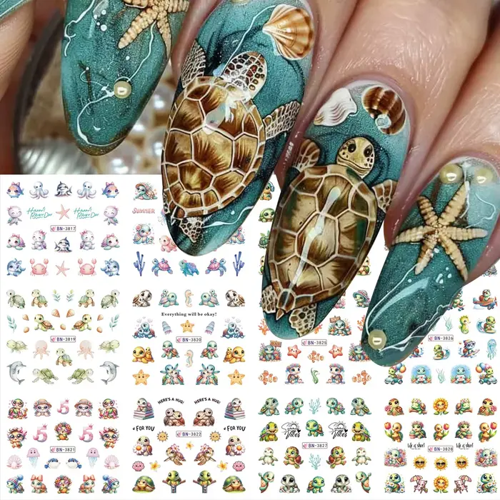 12 Motifs Adorables Tortues Marines Autocollants d'Été pour Ongles Dauphins Étoiles Thème Océan Décoration Manucure à Transfert d'Eau Breloques Coulissantes
