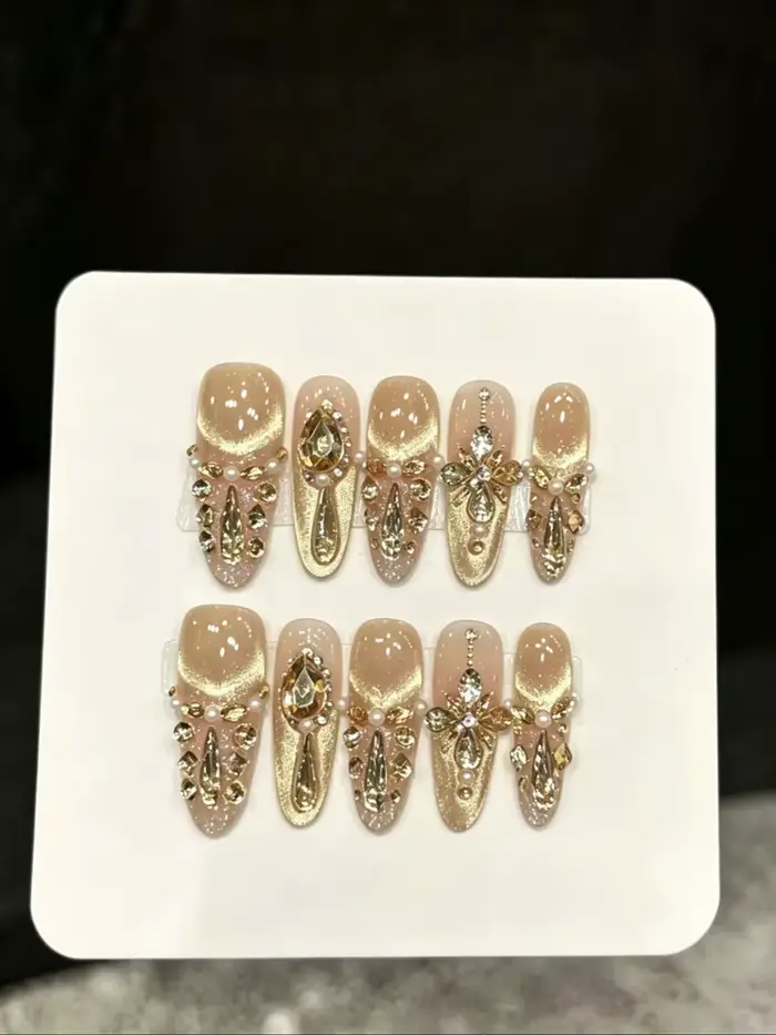 10 faux ongles ovales longs faits à la main, style français luxueux, adaptés aux festivals, aux fête
