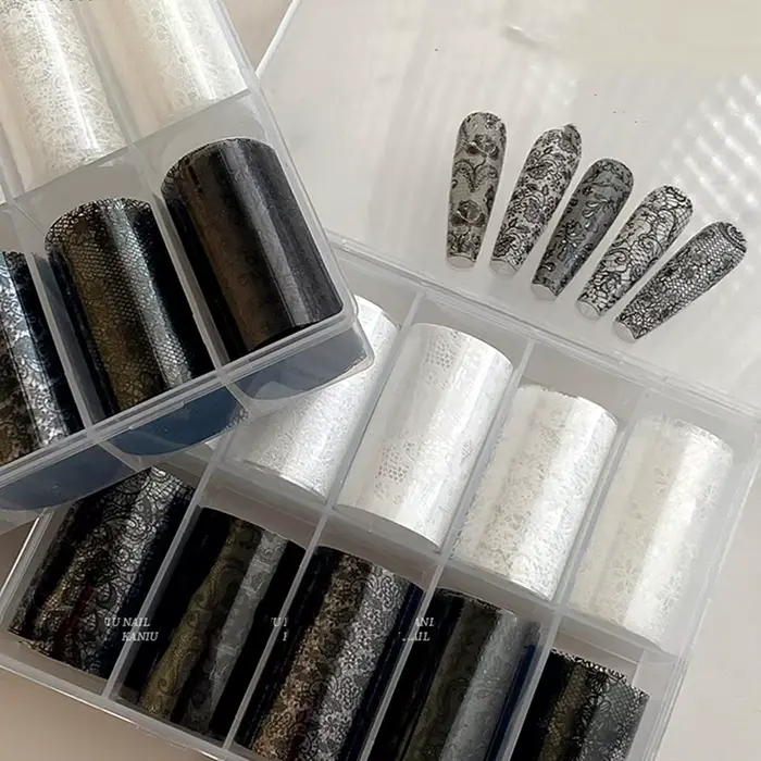 10 rouleaux 4x50CM noir blanc dentelle transfert autocollant pour ongles Sexy fleur dentelle Nail Ar