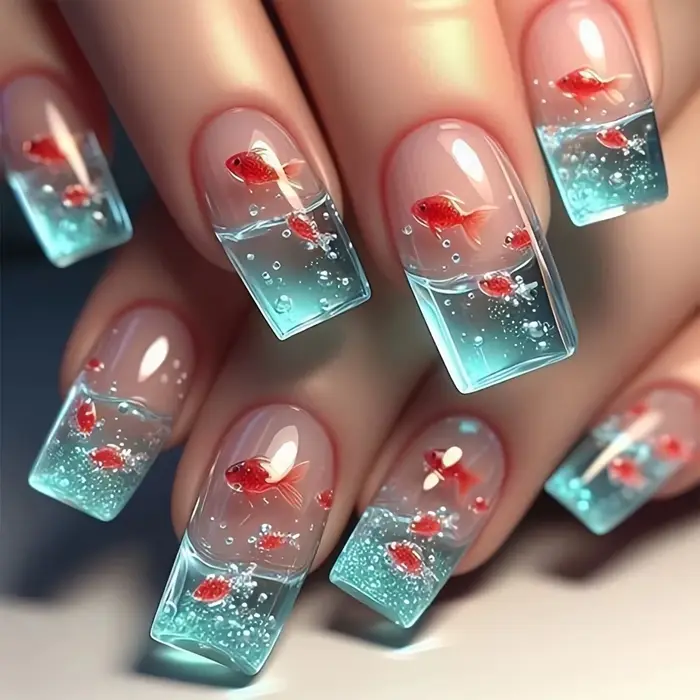 24 pièces/ensemble faux ongles mi-longs fleurs de poisson de cygne pour la saison d'été dégradé amande pointes de