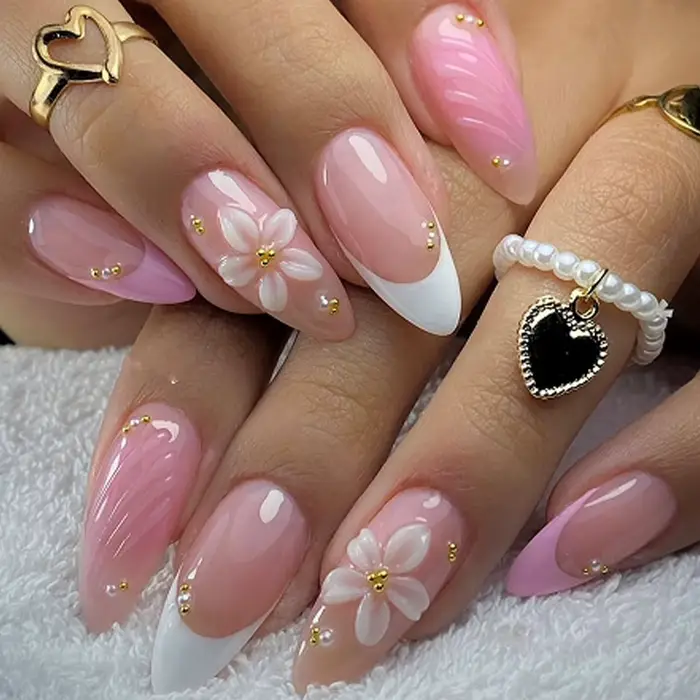 Faux ongles amande jaunes à fleurs roses 3D