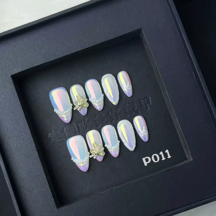 10 pièces à la main français presse sur ongles bord blanc conception amande faux ongles réutilisable