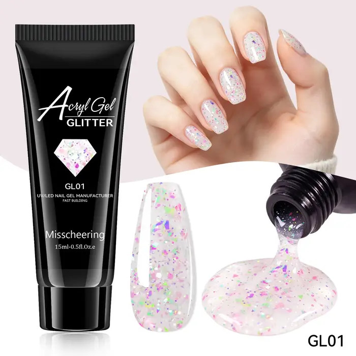 Misscheering Gel Acrylique Pailleté 15ml pour Extension d'Ongles