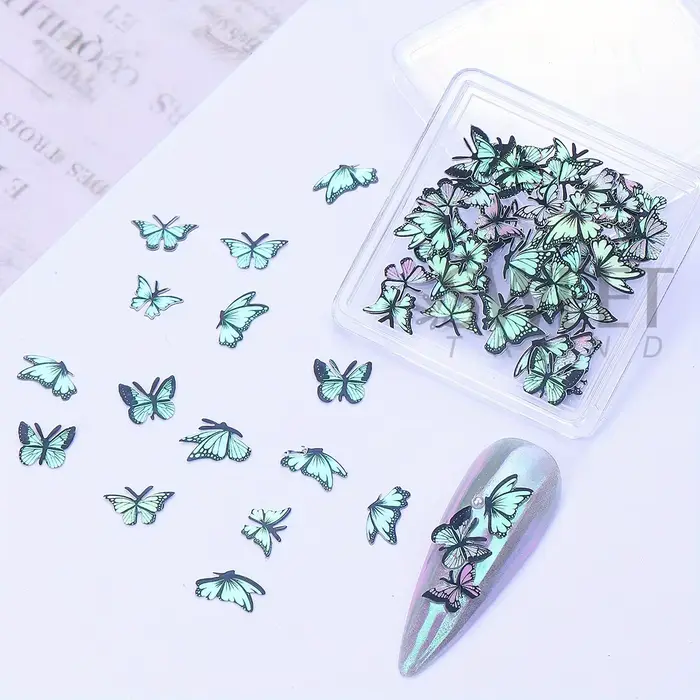 Pâte de bois papillon Laser, décoration d'ongles, ailes holographiques, Design, bijoux d'été, flocon