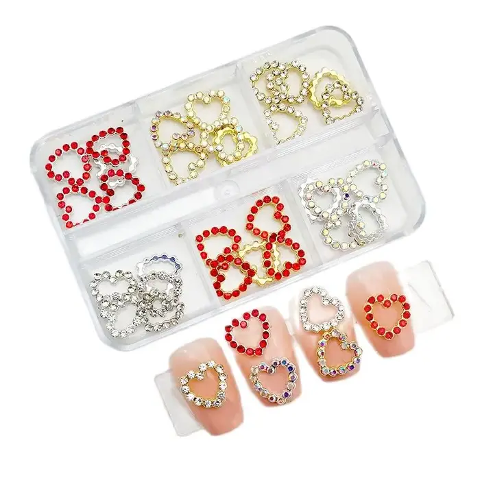 6 compartiments de strass pour ongles, breloques croix planète Saturne, bijoux de luxe pour ongles, 