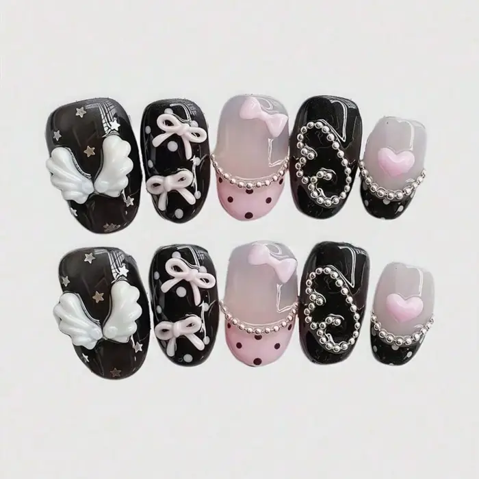 Nail art circulaire court pressé à la main, beaux faux ongles, nœud rose doux et frais, adapté aux f