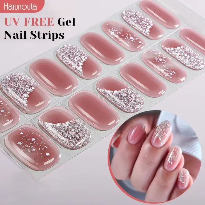 Bandes de Gel pour ongles sans UV, vernis Gel rose à paillettes, autocollants adhésifs sans durcisse
