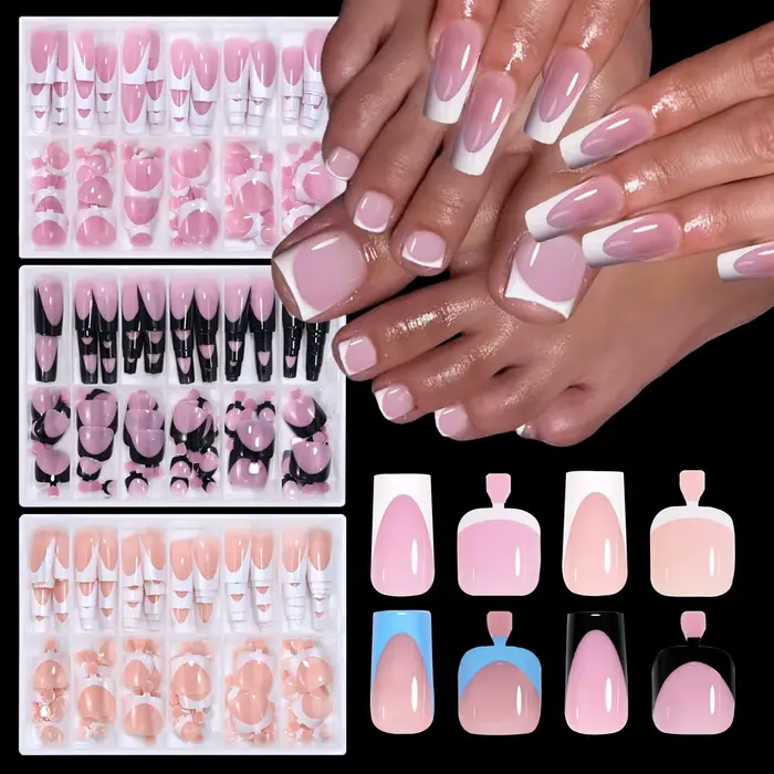 144 pièces français noir rose main et pied portant des ongles ensemble court carré faux ongles press