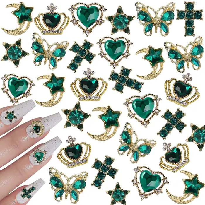 30 Breloques Roses pour Ongles en Alliage, Strass 3D Étoile Papillon Cœur Croix, Pierres Précieuses,