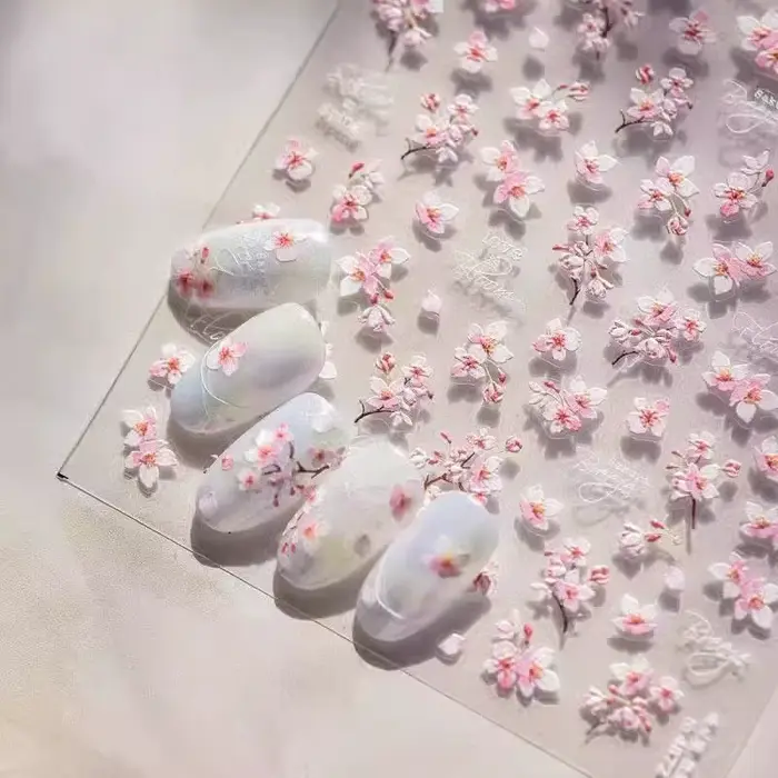 Autocollants 5D en relief pour ongles, motif fleur de cerisier, auto-adhésifs, pour manucure DIY, co