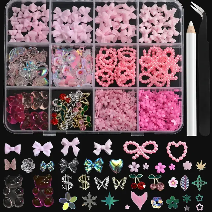 12 grilles 3D ruban multicolore fleur Nail Art breloques simulés pétales amour