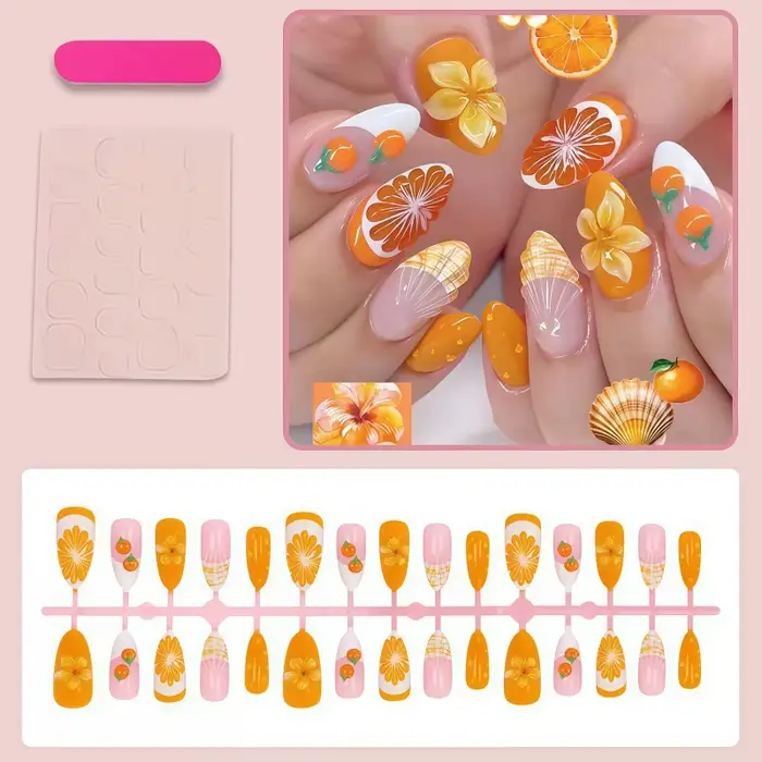 Nouveauté 2026 – 30 faux ongles 3D en forme d'orange
