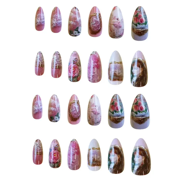24 pièces série de peinture à l'huile européenne faux ongles doux Rose amande