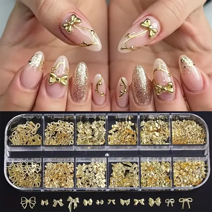 12 grilles en métal arc Nail Art charme or 3D nœud papillon ruban ongles décoration pièces bricolage