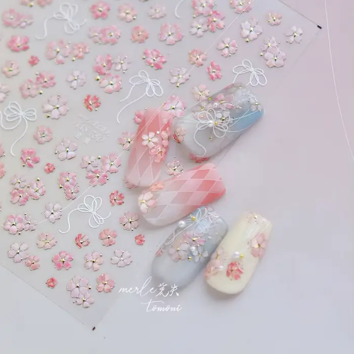Autocollant 5D pour Nail Art, pétale de printemps, fleurs de cerisier, branche de pêche vivante, adh