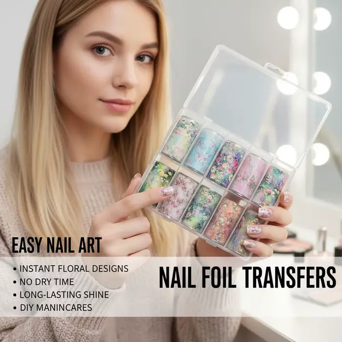 10 Rolls Flower Nail Foil Nails Art Design Stickers Decals Holographic Foils Paper Starry Sky Star Transfer