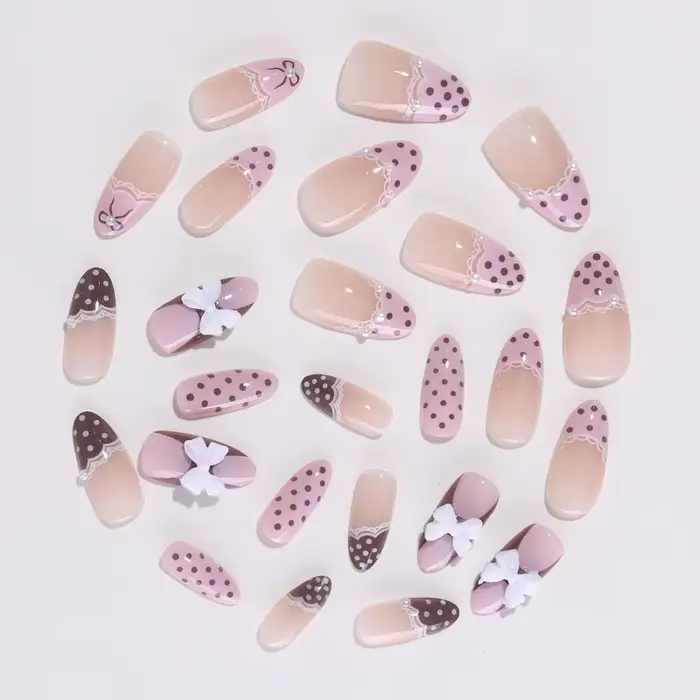 24 faux ongles en gel press-on rose doux, à pois bruns, nœud papillon blanc 3D, pour femmes et fille
