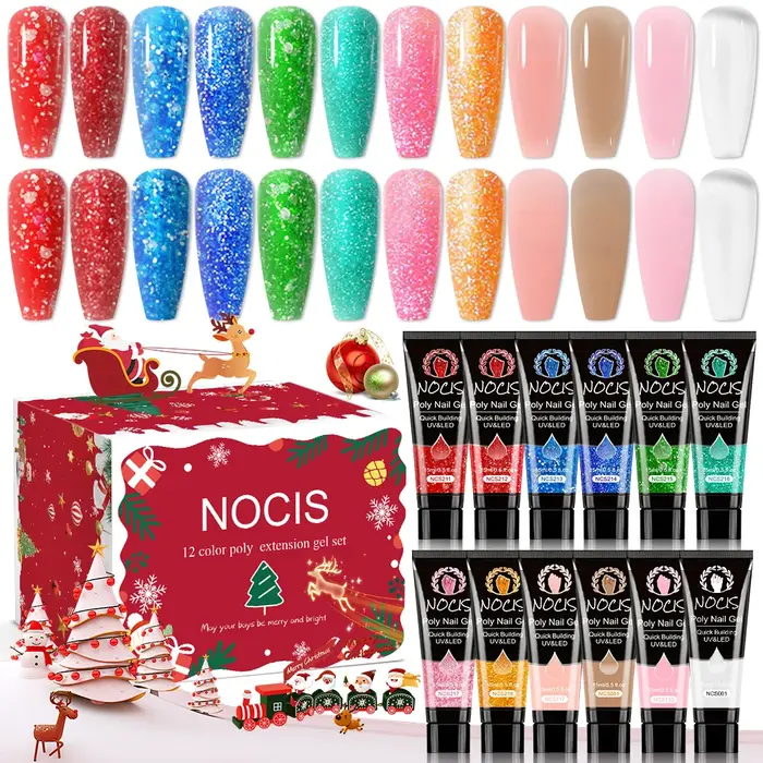 Kit de gel pour extension d'ongles -NOCIS Noël 12 couleurs Gel pour ongles Poly Gel pailleté doré