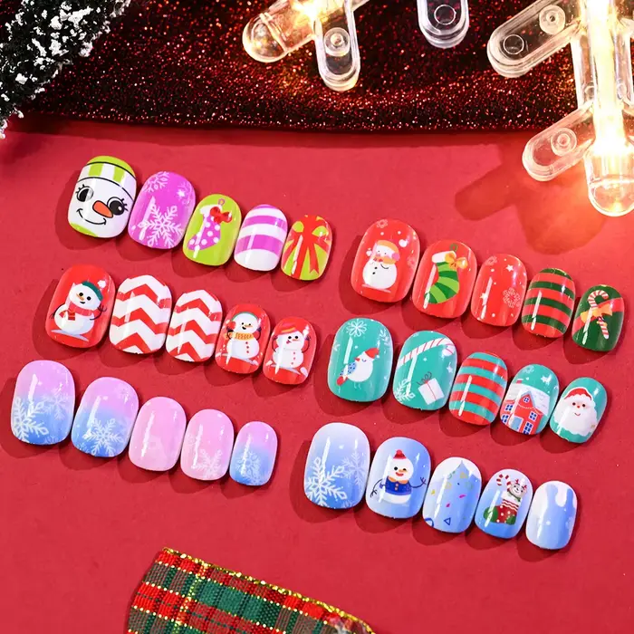 144 pièces/boîte noël enfants faux ongles beau bonhomme de neige flocons