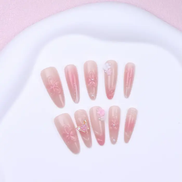 Ongles moyens en forme d'amande, 10 pièces, avec motif de perles de fleurs 3D, faux ongles, ongles a