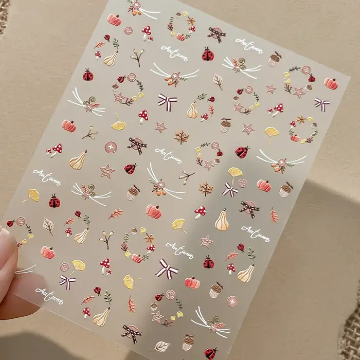 Autocollants pour ongles d'automne : Feuille tombée, champignon, coccinelle, citrouille, couronne, n