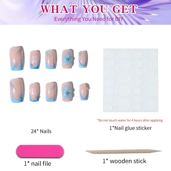 24 pièces court carré 3D Gel ongles fait avec perle décoration Design bleu clair français acrylique presse