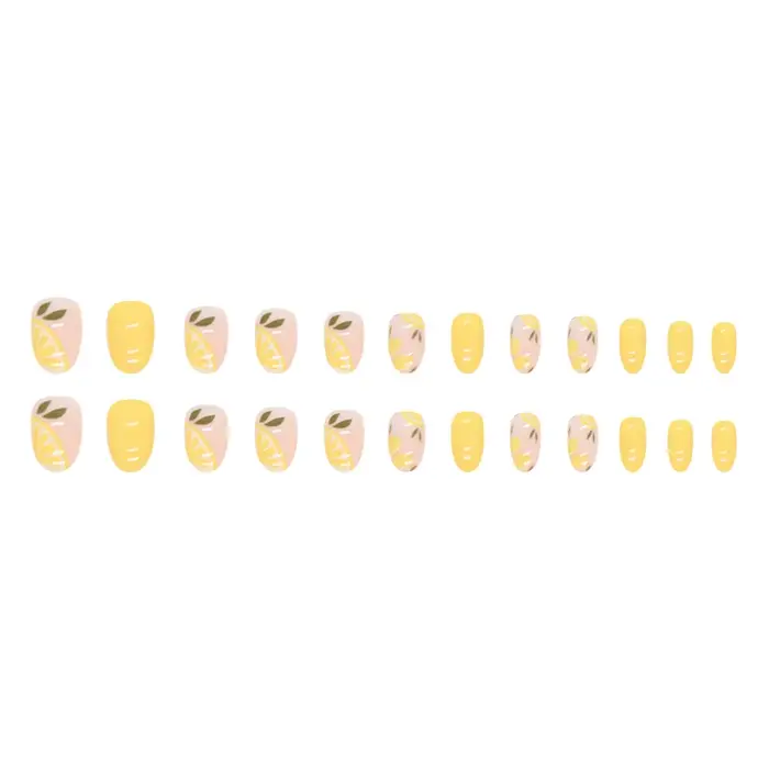 24 faux ongles ronds jaunes citron estivaux mignons avec motifs