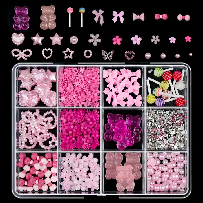 12 grilles/boîte 3D mixte nœud papillon perle coeur ongles breloques Flatback résine fleur, étoile, 