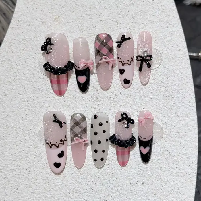 Noir rose doux français amande presse à la main sur les ongles grille à pois amour jupe Ballet faux
