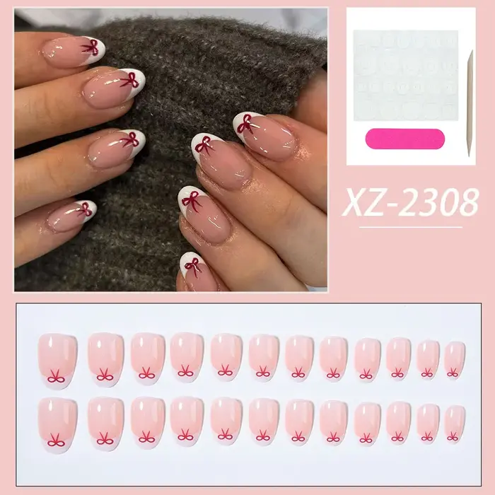 24 morceaux de pointes d'ongles courtes en forme d'amande avec des motifs de nœud rouge