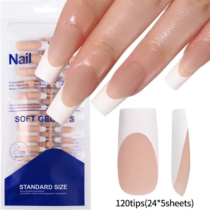 120 pièces brillant rose français presse sur ongles 12 tailles longs carrés faux ongles blanc bord c