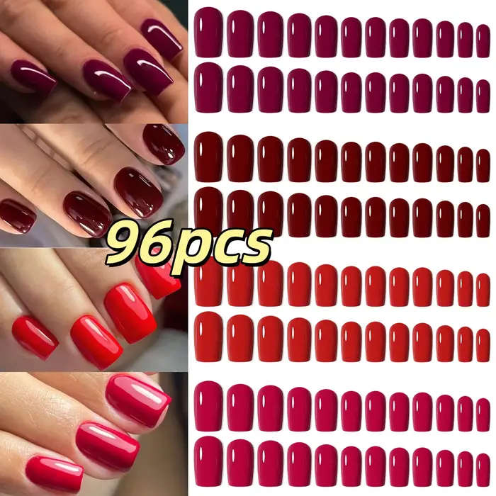 96 pièces rouge presse sur ongles moyen carré bordeaux cerise couleur unie faux