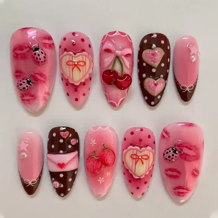 24 pièces mignon rouge pomme modèles presse sur ongles rose français avec étoile Plaid faux